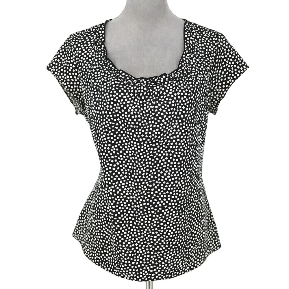 Coldwater Creek Top Womens Medium Black White Pleated Neck Satin Blouse Career